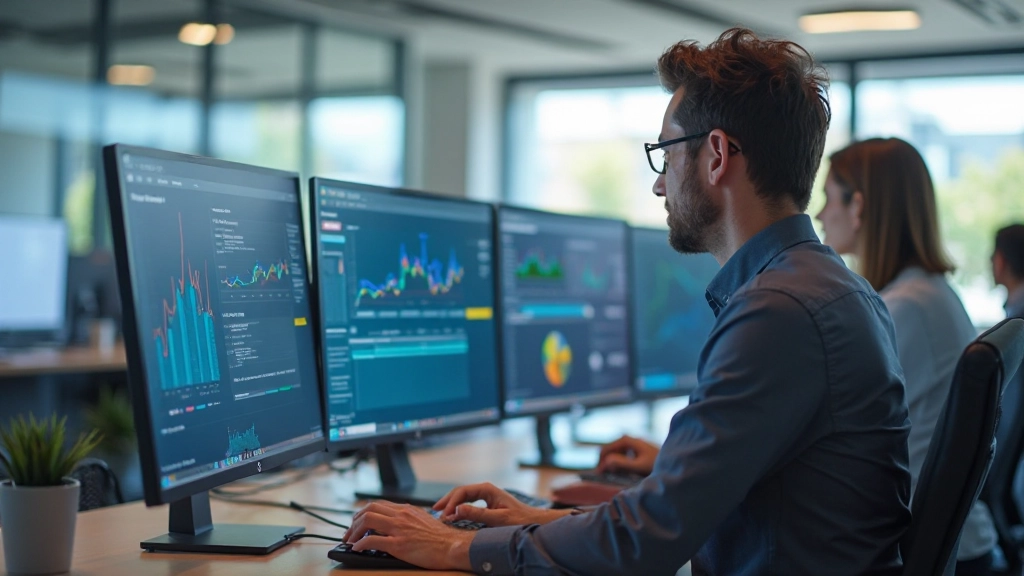Team of data analysts reviewing dashboard metrics on multiple computer monitors in a modern office environment