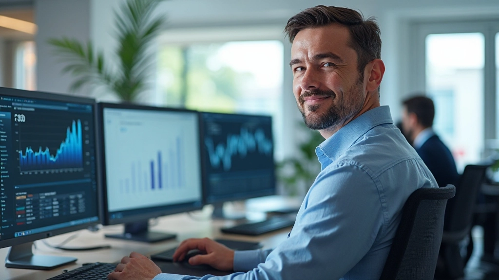 Professional photo of realistic data analyst aged 35, fully clothed in business casual attire, working at desk with multiple monitors displaying data analytics dashboards and spreadsheets, bright modern office environment, natural daylight, focused expression, blurred background, NO text, NO watermarks