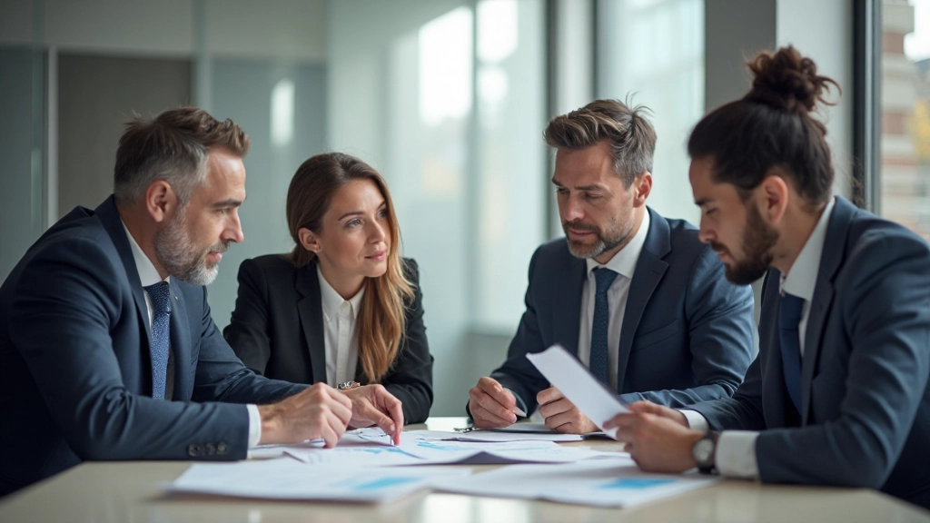 Group of diverse professionals in meeting discussing data report insights and analytics findings
