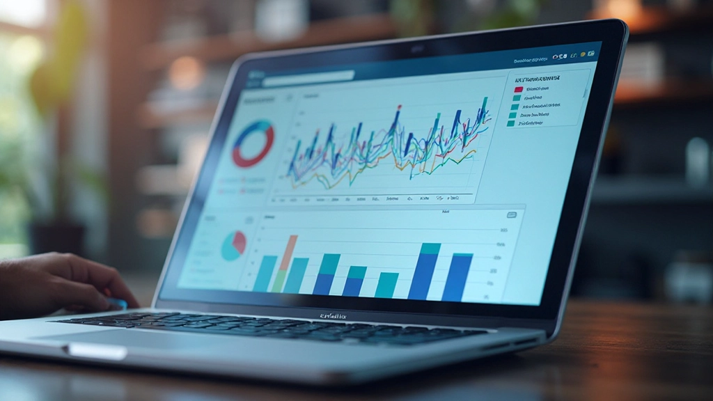 Close-up view of laptop screen displaying colorful analytics dashboard with multiple charts, graphs, and key performance indicators