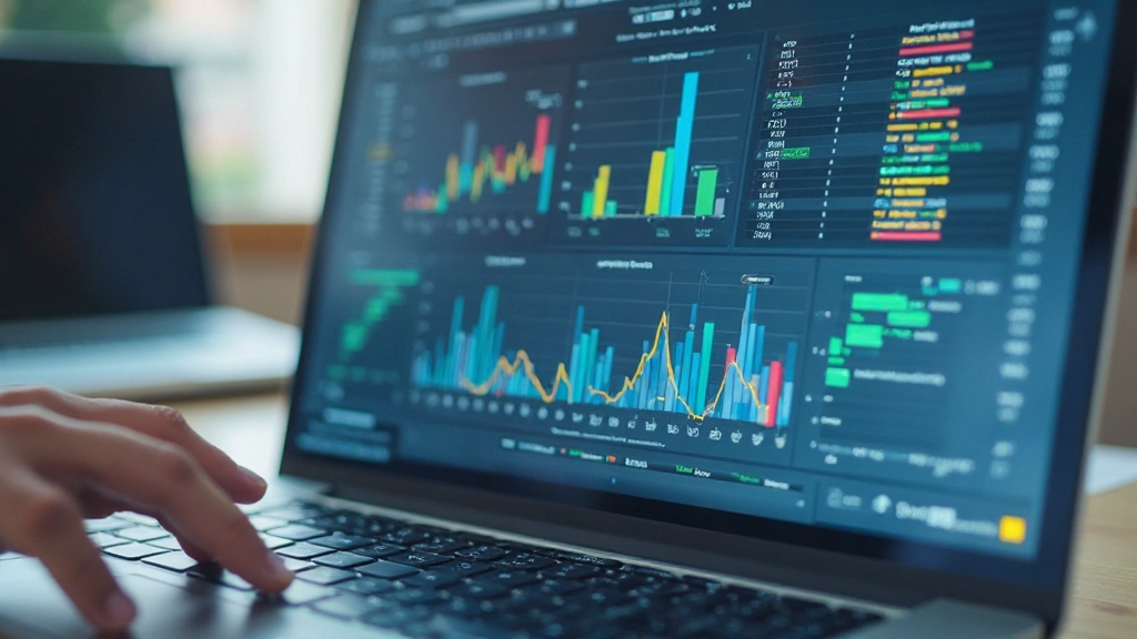 Close-up of laptop screen displaying statistical analysis charts with mean, median, and distribution curves highlighted in spreadsheet software