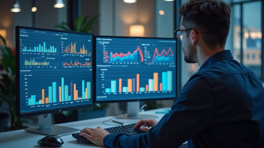 Professional workspace with multiple computer monitors displaying data analytics dashboards and charts