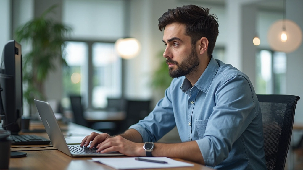 Person seated at desk working on laptop with open spreadsheet software showing data tables and analysis tools with focused expression