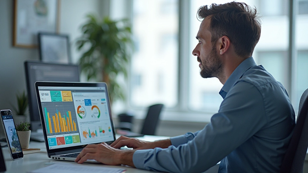Dashboard showing multiple data visualization charts including bar graphs, line charts, and metrics on computer monitor