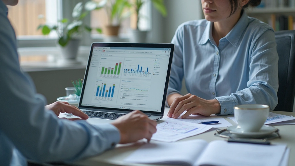 Person working on laptop with data visualization and reporting documents visible on desk