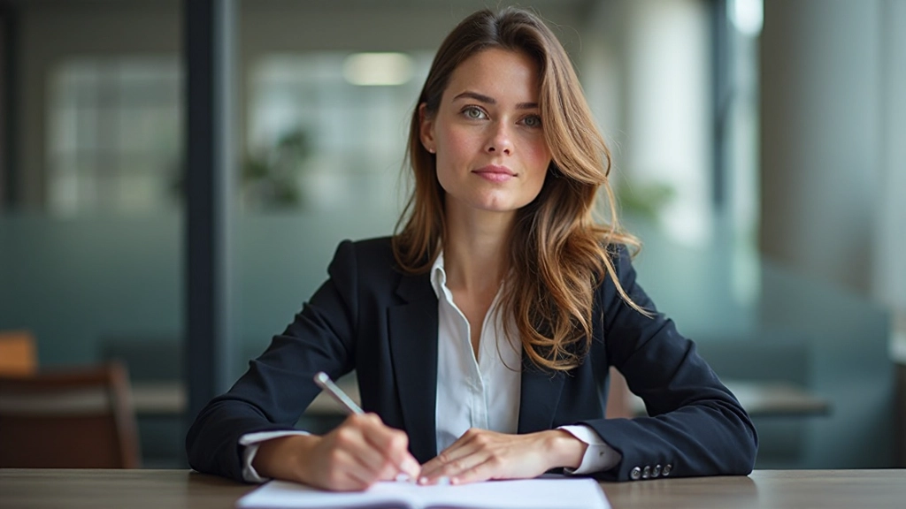 Professional photo of realistic woman aged 32, fully clothed in professional attire, portrait from chest up, sitting at modern office desk with notebook and pen, confident and focused expression, natural office lighting, blurred background, NO text, NO watermarks