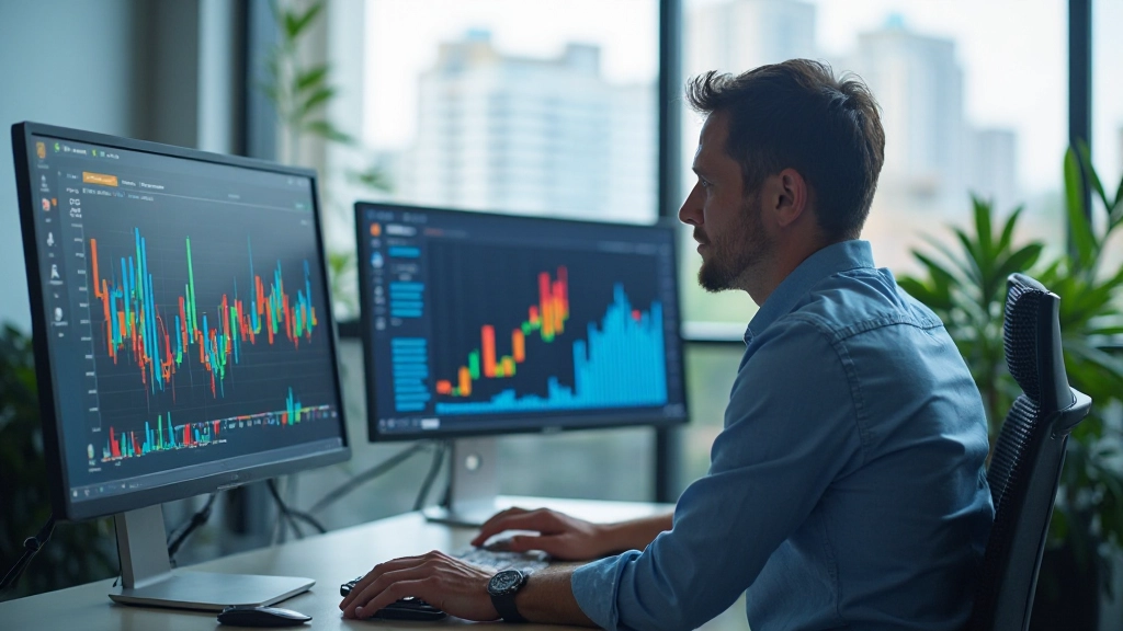 Professional workspace showing multiple computer monitors displaying colorful data dashboards with various charts and visualizations