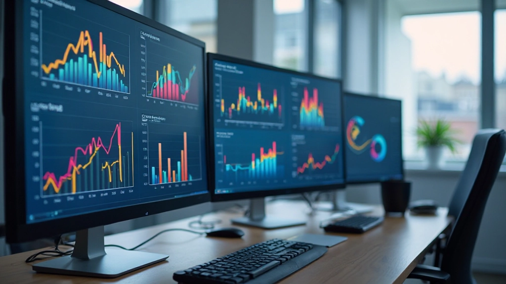 Professional workspace showing modern computer setup with multiple monitors displaying analytics dashboards and data visualizations in a bright office environment