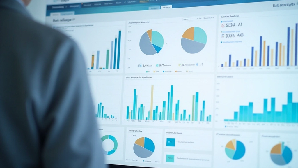 Business dashboard with colorful pie charts, bar graphs, and trend lines showing analytics metrics
