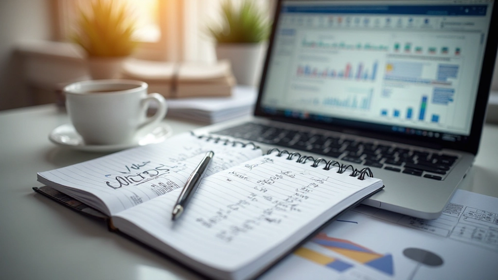 Professional notebook with data analysis notes and statistics calculations next to laptop showing spreadsheet work