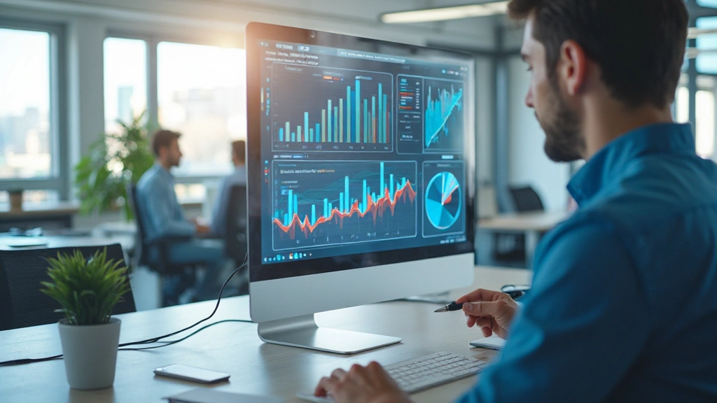 Data analyst working with analytics dashboard displaying business metrics and performance indicators